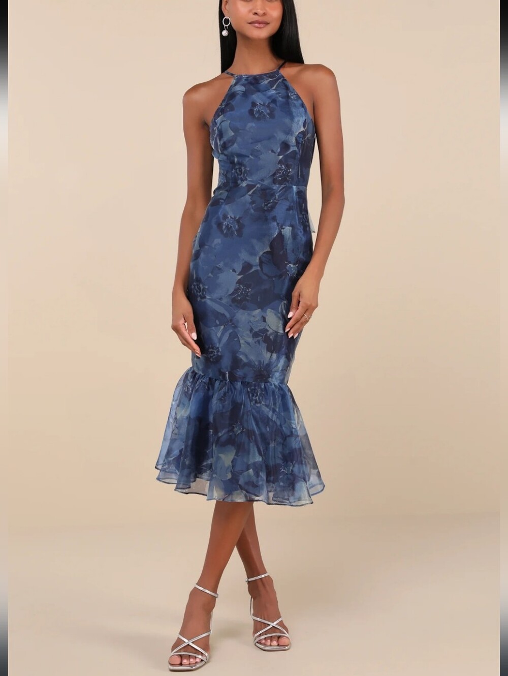Lulus Admirable Essence Navy Blue Floral OrganzaTrumpet Midi Dress XS